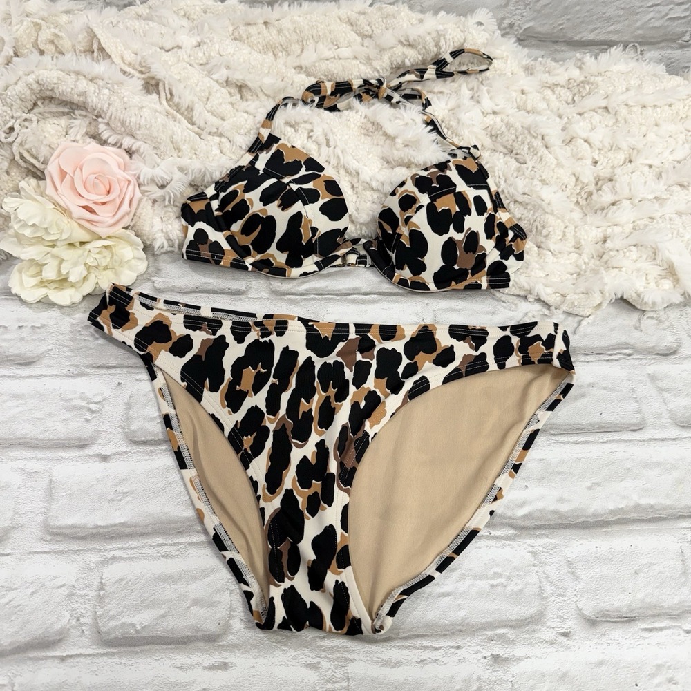 Victoria's Secret Leopard Animal Print 2 Pc Bikini Set Top 32A Bottoms Sz M